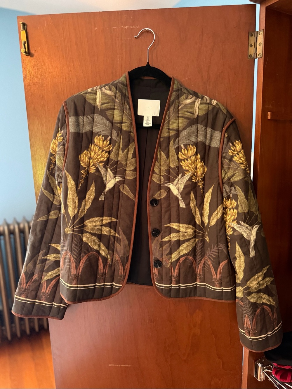 H&M Brown Quilted Jacket with Gold Floral Print